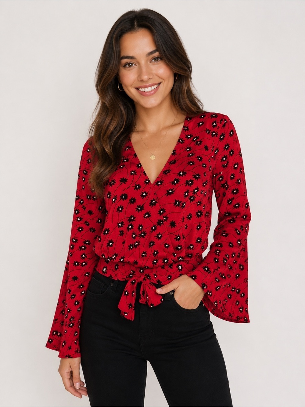 Express Red Floral Tie Front Bell Sleeve Crop Blouse Women’s Size M